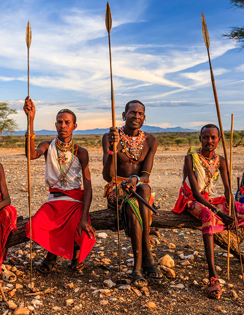 Ryhmä maasai-heimon jäseniä istuu savannilla keihäät käsissään